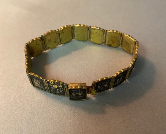 Antique Gold Tone Ebonized Oriental Link Bracelet… - image 10