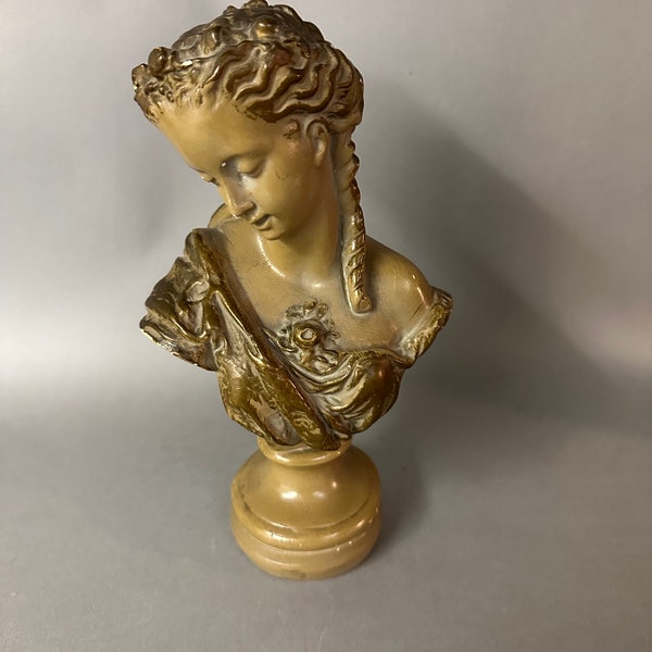 Antique Polychrome Plaster Bust Sculpture Of A Woman Circa 1910