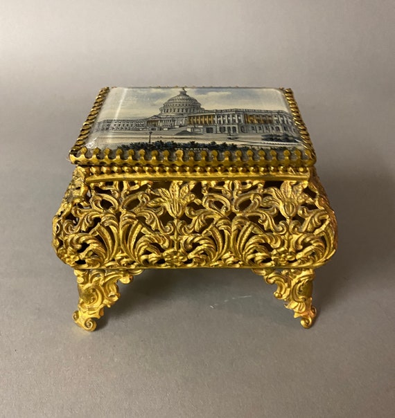 Antique Victorian Ornate Gilt Metal Brass Souvenir Jewel Box Circa 1890