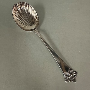 May include: A silver sugar spoon with a shell-shaped bowl and an ornate handle.