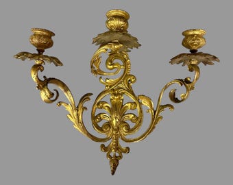 Antique French Rococo Gilt Metal Three Light Candelabra Wall Sconce Circa 1890