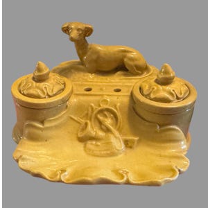 Antique English Pottery Yellow Ware Figural Greyhound Dog Inkwell 19th C