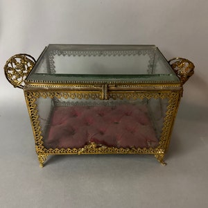 Antique French Gilt Brass Glass Reliquary Bridal Jewel Casket 19th C