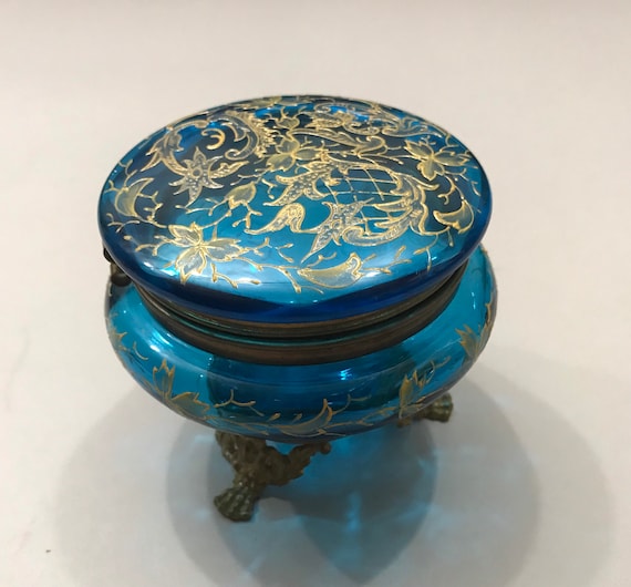 Antique Hand Enameled Aqua Blue Art Glass Brass F… - image 6