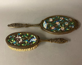 Antique Enameled Bronzed Vanity Hand Mirror & Brush Circa 1910