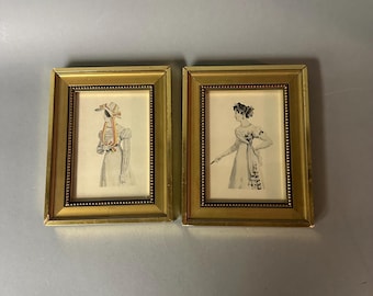 Antique Pair of Miniature French Hand Colored Engraved Portraits in Gilt Wood Frames 19th C