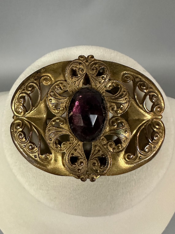 Antique Victorian Brass & Amethyst Glass Brooch Pi