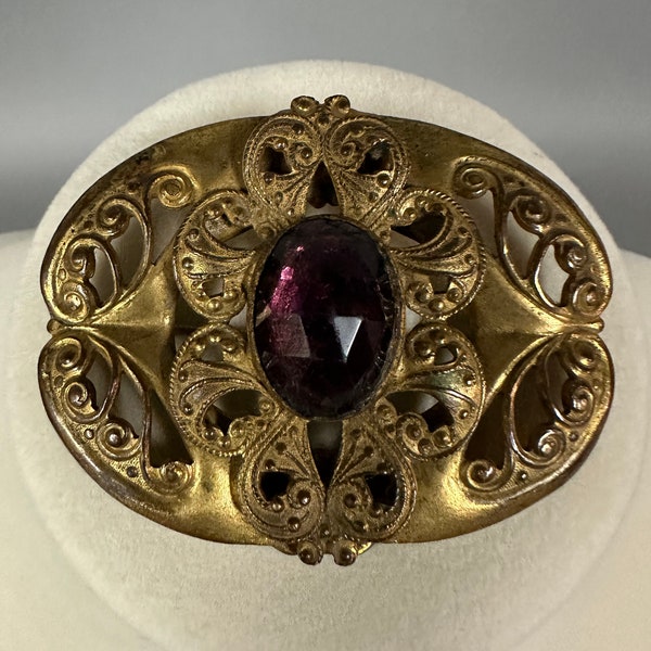 Antique Victorian Brass & Amethyst Glass Brooch Pin Circa 1890