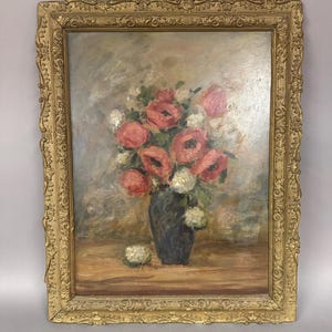 Vintage Oil Painting Still Life Vase of Flowers O/B Gilt Wood Frame Circa 1940