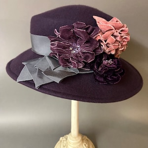 Vintage Style Kathy Jeanne Fedora Wool Hat with Velvet Sequin Florals