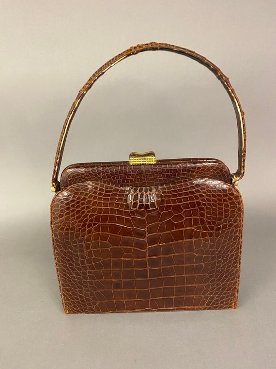 1950's-60's Chocolate Brown HERMES Style CROCODILE Caiman Belly Skin Handbag  - Vintage Skins
