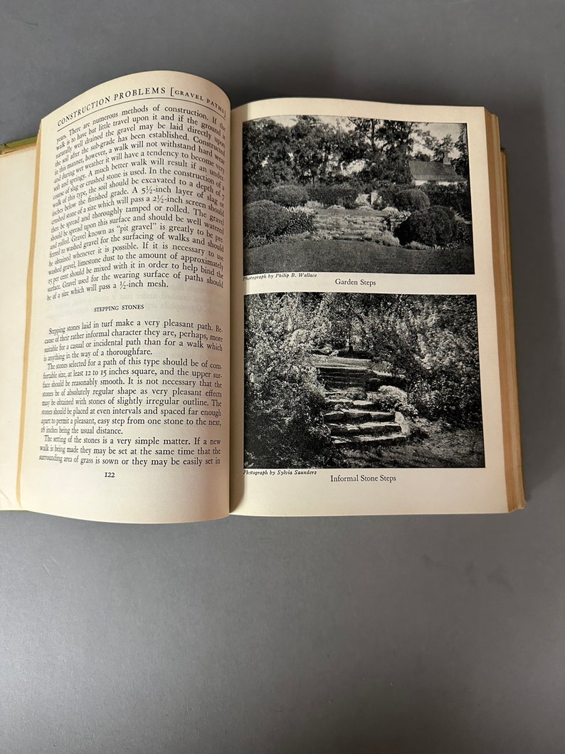 May include: Two black and white photos of stone steps in a garden setting. The first photo shows a formal garden path with steps made of large stones. The second photo shows a more informal path with smaller stones.