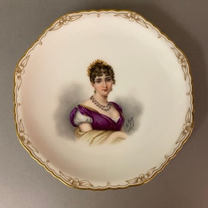 Antique French Hand Painted Porcelain Portrait Plate Reine Hortense  Dated 1887