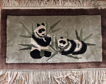 Vintage Panda Bear Pictoral Chinese Oriental Mat Rug Circa 1950s