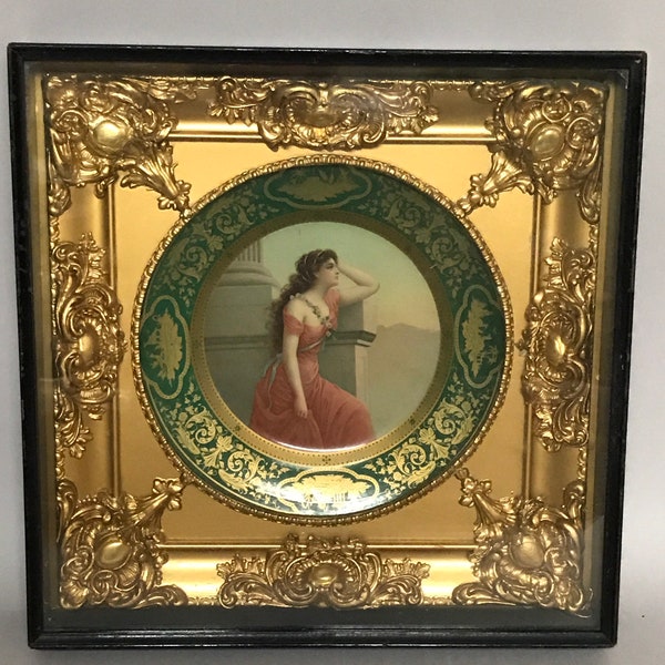 Antique Dresden Vienna Tin Art Plate Portrait of a Lady In Shadow Box Frame Circa 1900