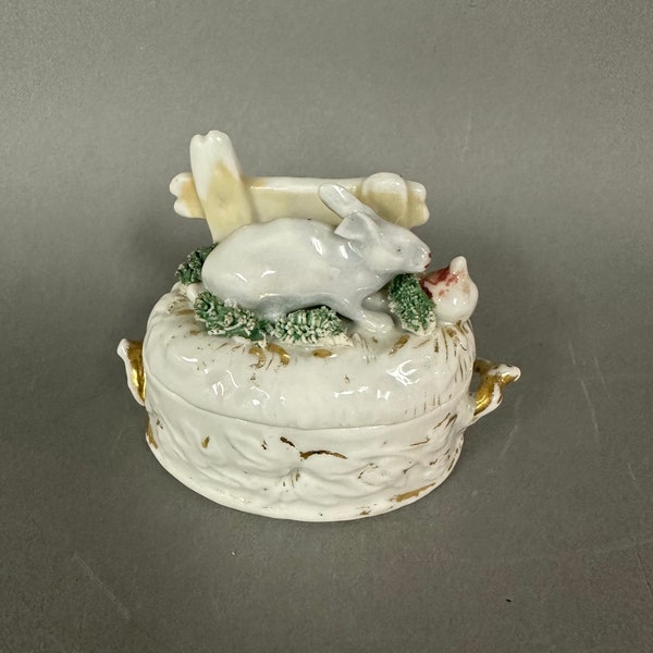 Antique Porcelain Figural Rabbit Souvenir Fairing Covered Box 19th C