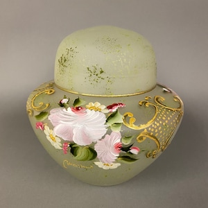 Vintage Frosted Satin Glass Hand Enamel Decorated Floral Covered Jar Circa 1930