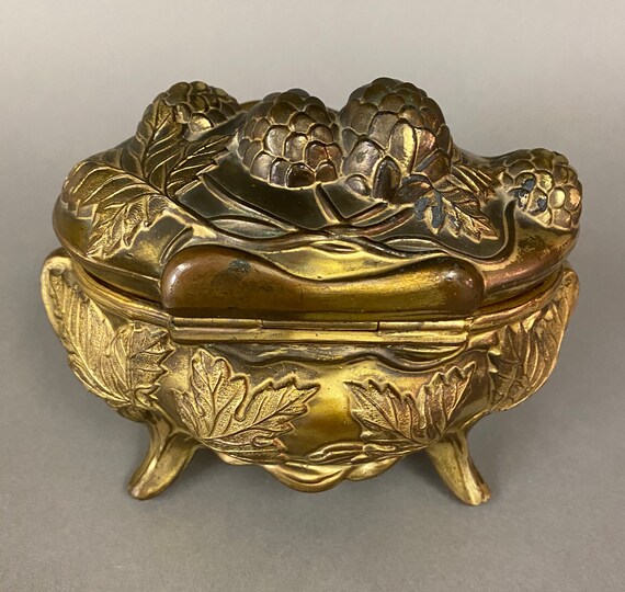 Antique Art Nouveau Gilt Metal Footed Jewel Box C… - image 3