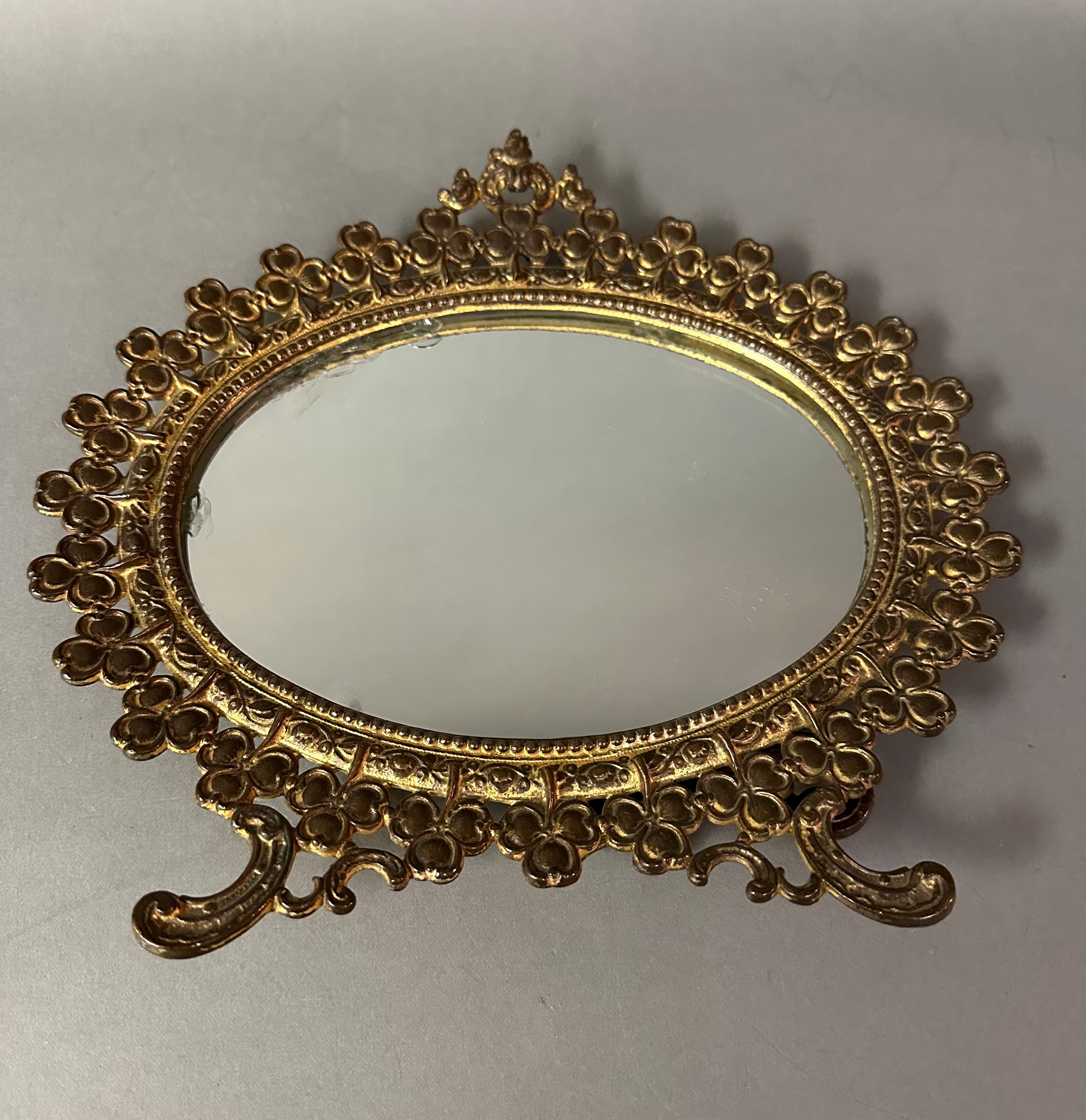 Antique Oval Gilt Metal Table Top Vanity Mirror Circa 1900
