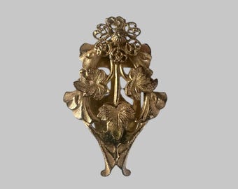 Vintage Art Nouveau Gold Tone Floral Repousse Dress Clip Circa 1910