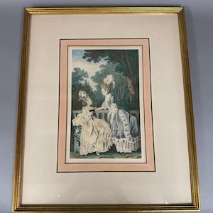 Antique French Ladies in Morning Dress Garden Setting Lithograph Engraving 19th C