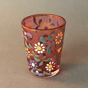 Antique Moser Art Glass Enameled Cranberry Cordial Shot Glass Circa 1890