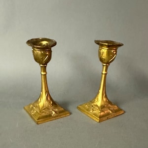 Antique Pair Petit Art Nouveau Gold Gilt Metal Candlesticks Circa 1910