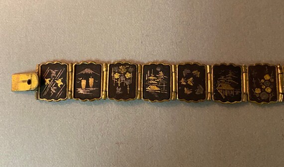 Antique Gold Tone Ebonized Oriental Link Bracelet… - image 9