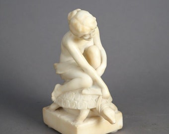 Antique Carved Alabaster Sculpture Statue of Woman with Tortoise 19th C.