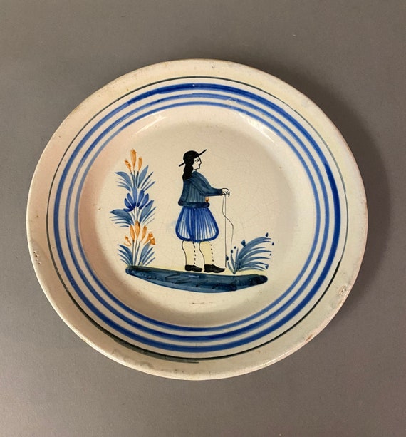 Vintage Quimper Faience Plate, Henriot France, 1930s, Hand-painted