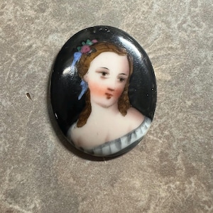 Victorian Hand Painted Miniature French Porcelain Portrait of Young Woman 19th C