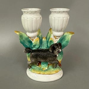Antique English Staffordshire Pottery Figural Hunting Dog Double Spill Vase Circa 1870s