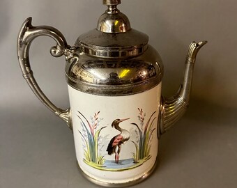 Antique 19th C Silver Plate & Granite Ware Decorated Coffee Pot
