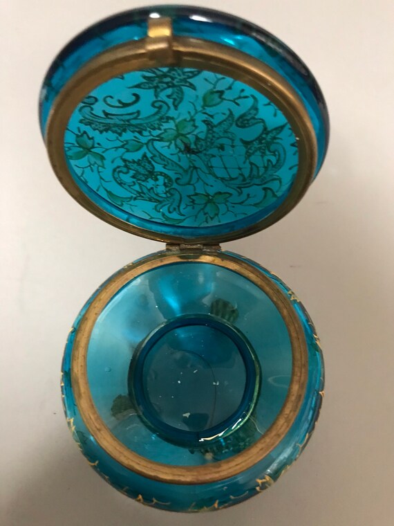 Antique Hand Enameled Aqua Blue Art Glass Brass F… - image 8