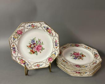 Vintage Set Six Rosenthal Bavaria Porcelain Floral Octagon Luncheon Plates Circa 1940’s The Dresden