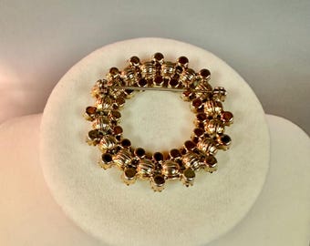Vintage Red Rhinestone Round Costume Jewelry Brooch Pin