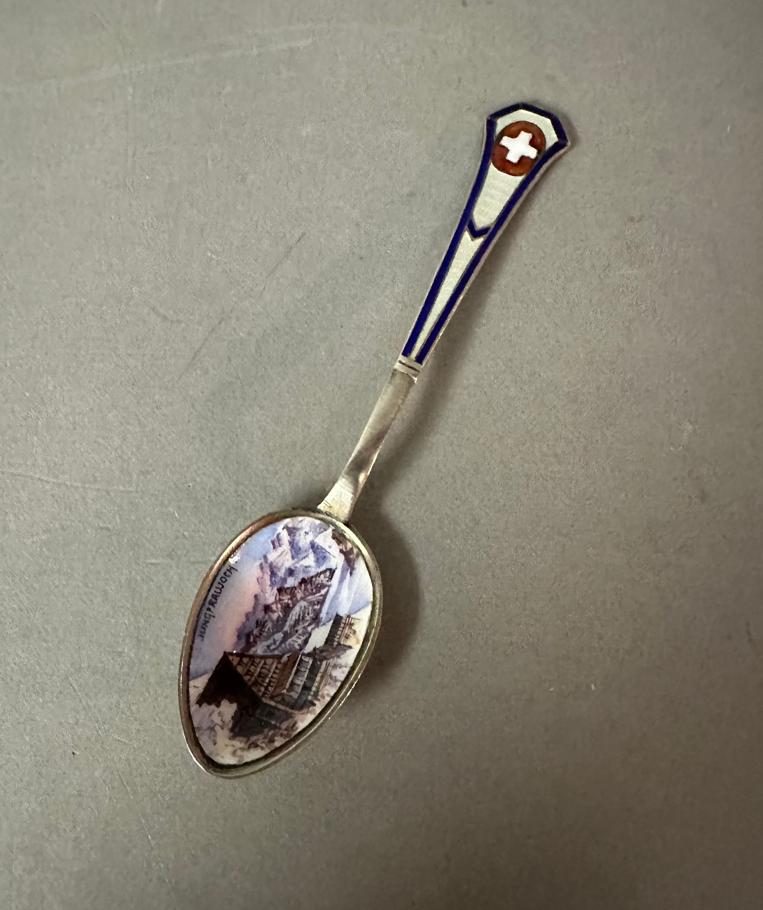 Antique 800 Silver Enameled Jungfraujoch Souvenir Spoon Circa 1900