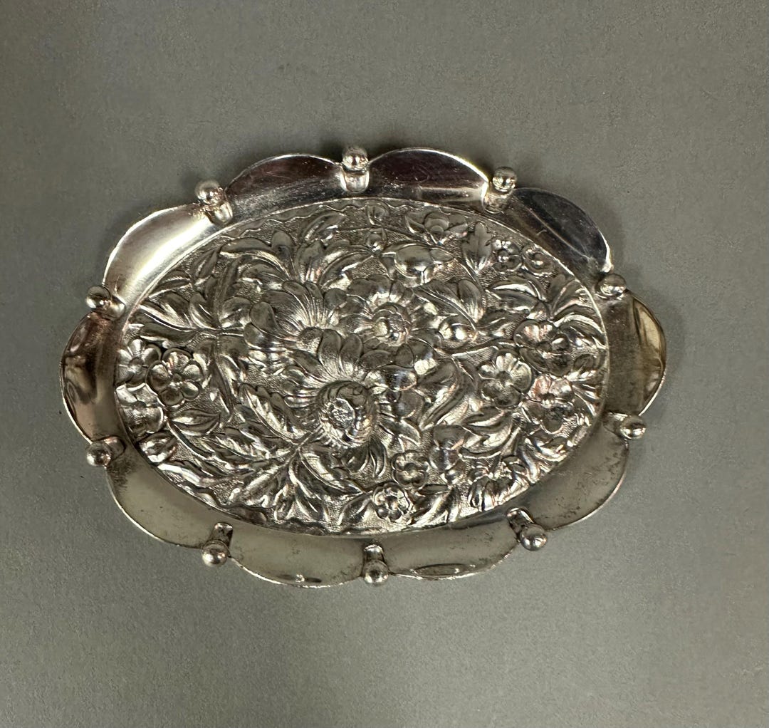 Antique Simpson Hall Miller Silver Plate Floral Repousse Oval Pin