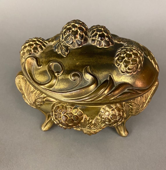 Antique Art Nouveau Gilt Metal Footed Jewel Box C… - image 1