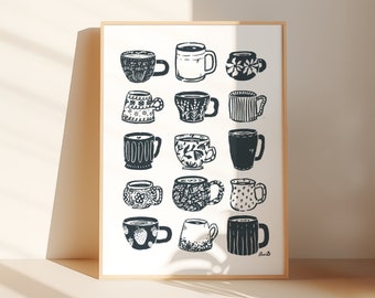 May include: A black and white illustration of 16 different coffee mugs with various designs and patterns. The mugs are arranged in a grid pattern on a white background.