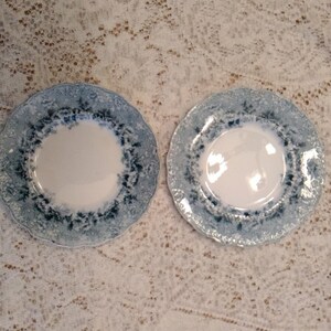 A 19th century Ridgway set of 2 semi porcelain Dundee 7" bread plate Flow Blue flowers with enamel beading scalloped rim.  DWS 541
