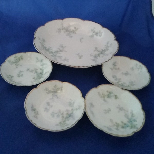 Antique set by Theodore Haviland Limoges, gold trimmed, a large serving bowl with 4 individual bowl, tiny blue and pink flowers.  Bowl 670