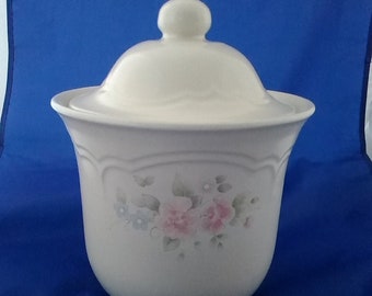Pfaltzcraft Tea Rose-the third canister of the set of 4, the 2qt.  Tea Rose-creamy stoneware light pink and blue floral pattern.  Dish 734