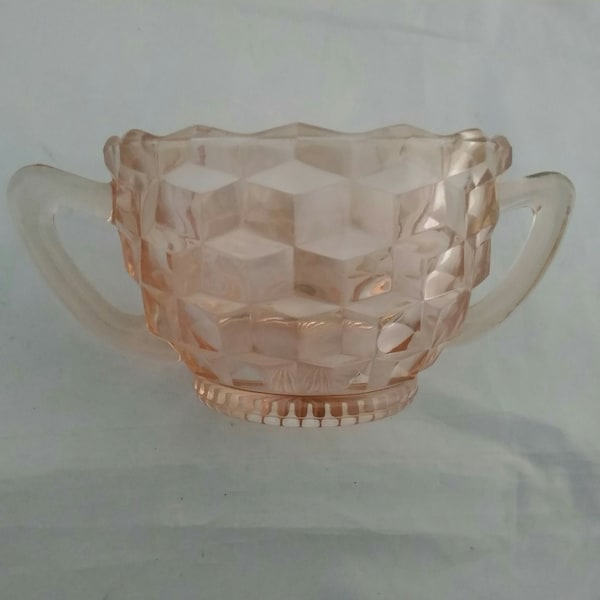 Jeanette Glass pink depression glass cubist sugar bowl with handles.  Dish 557