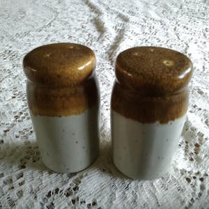 May include: Two ceramic salt and pepper shakers with brown and white glaze. The shakers have a rounded shape and a small opening at the top.