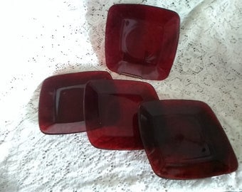 A set of 4 matching 8.25" square Anchor Hocking Royal Ruby "Charm" patterned plates.  Dish 1378