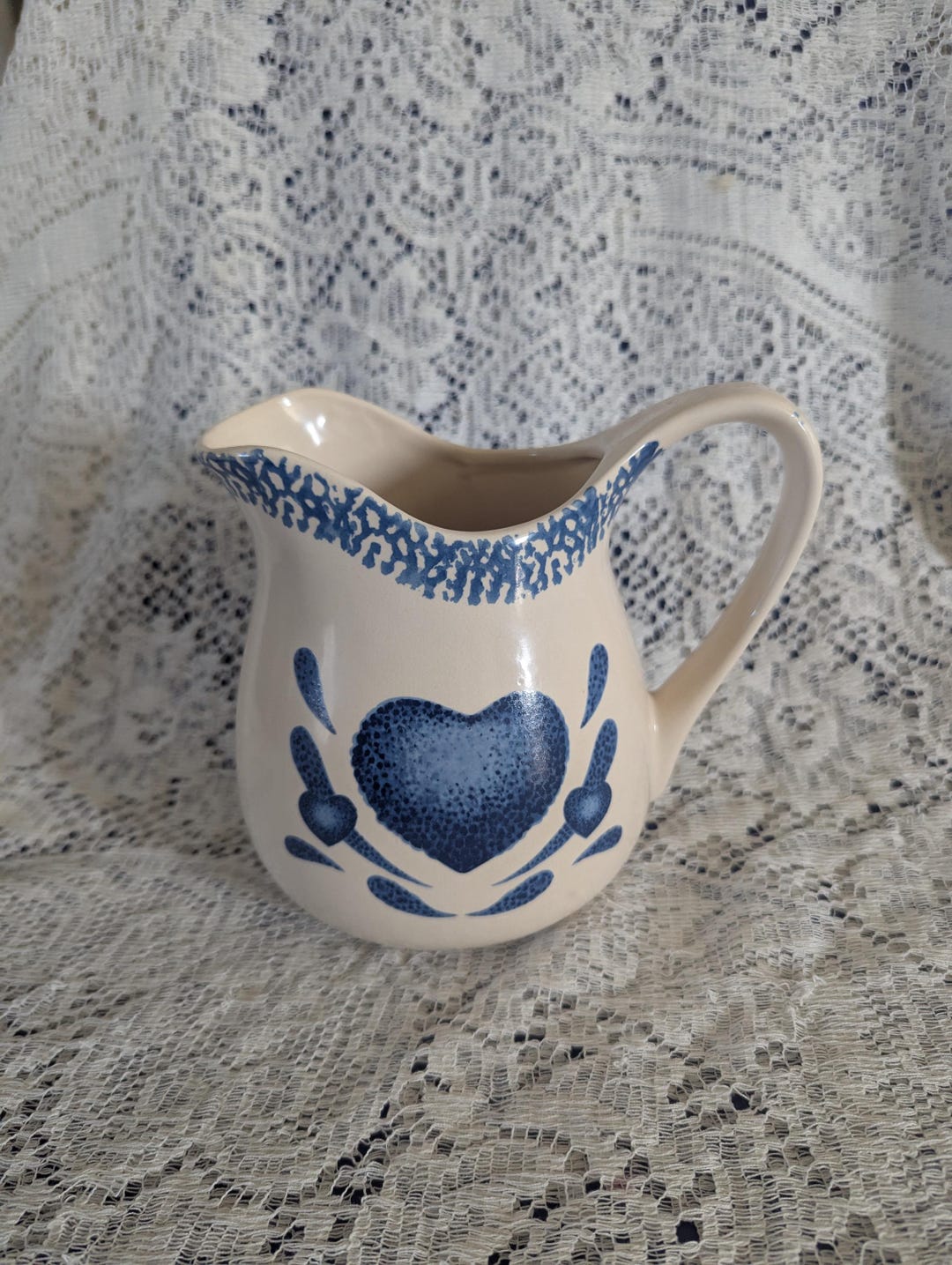 A White Stoneware Pottery 40 Oz Blue Heart Spongeware Design Pitcher ...