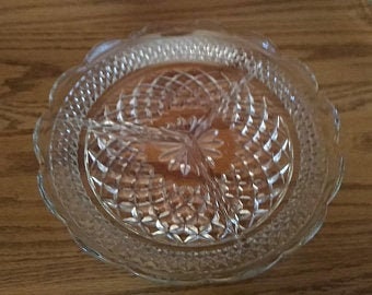A clear glass Wexford relish plates with 3 section by Anchor Hocking, with multiples available for a larger party.  Plate 240