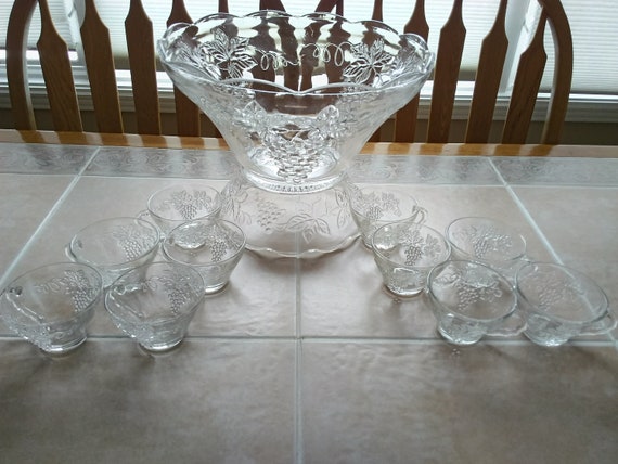 A 27 Pc. Grapes Anchor Hocking Punch Bowl Set With Embossed Grapes