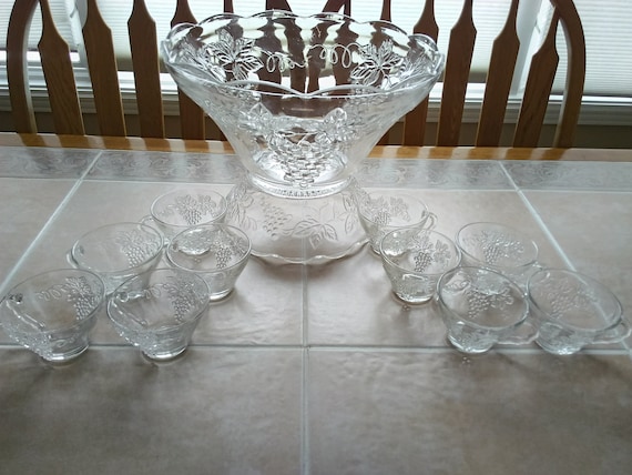 A 27 Pc. Grapes Anchor Hocking Punch Bowl Set With Embossed Grapes
